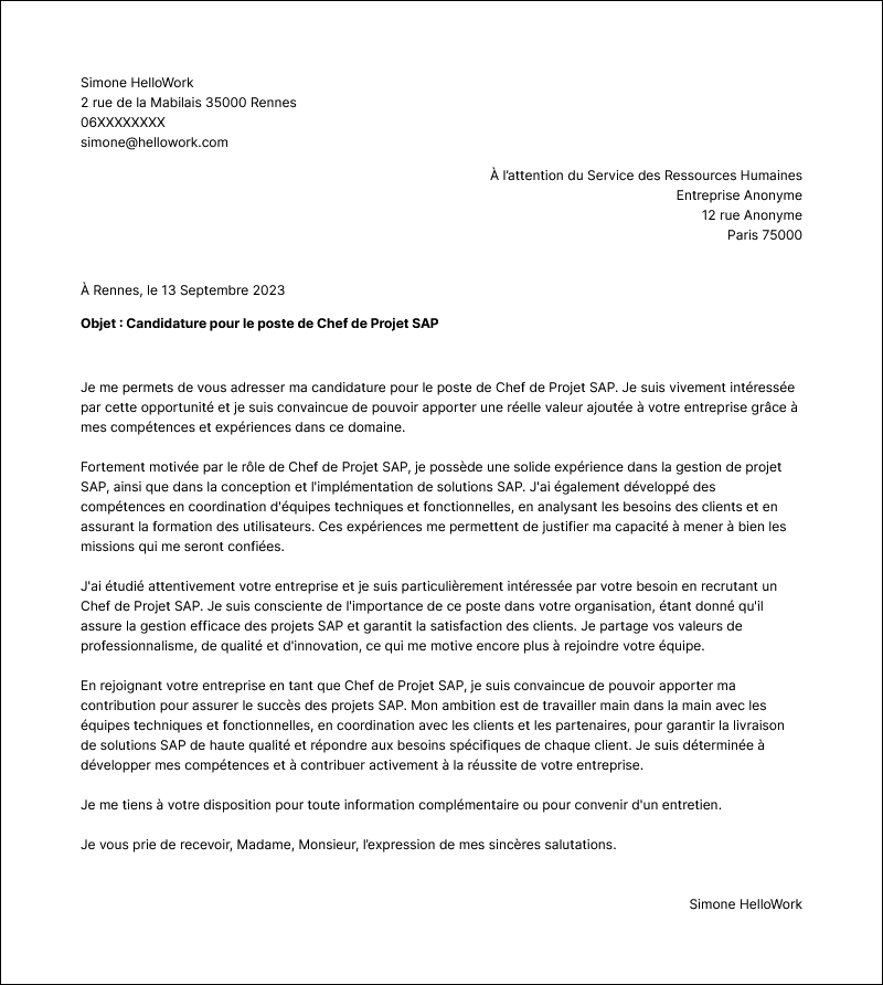 Modèle lettre de motivation Chef de projet SAP Exemple lettre de motivation Chef de projet SAP