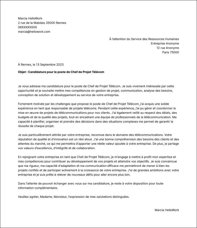 Modèle lettre de motivation Chef de projet télécom Exemple lettre de motivation Chef de projet télécom
