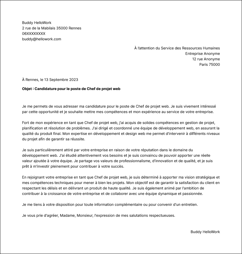 Modèle lettre de motivation Chef de projet web Exemple lettre de motivation Chef de projet web