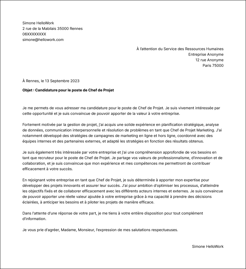 Modèle lettre de motivation Chef de projet Exemple lettre de motivation Chef de projet