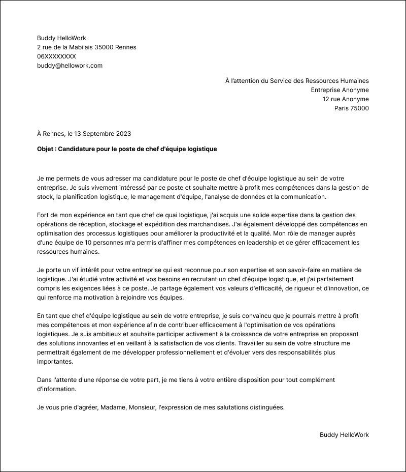 Modèle lettre de motivation Chef de quai logistique Exemple lettre de motivation Chef de quai logistique