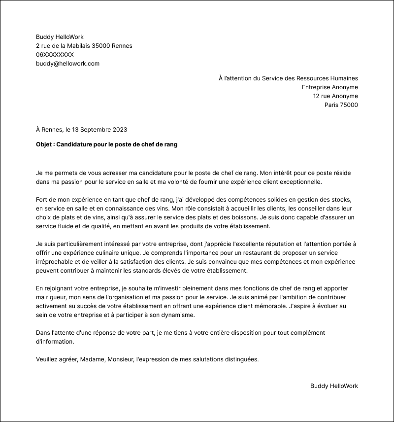 Modèle lettre de motivation Chef de rang Exemple lettre de motivation Chef de rang