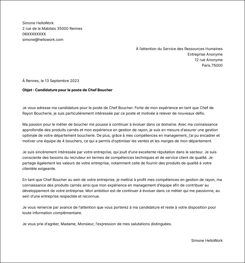 Modèle lettre de motivation Chef de rayon boucherie Exemple lettre de motivation Chef de rayon boucherie