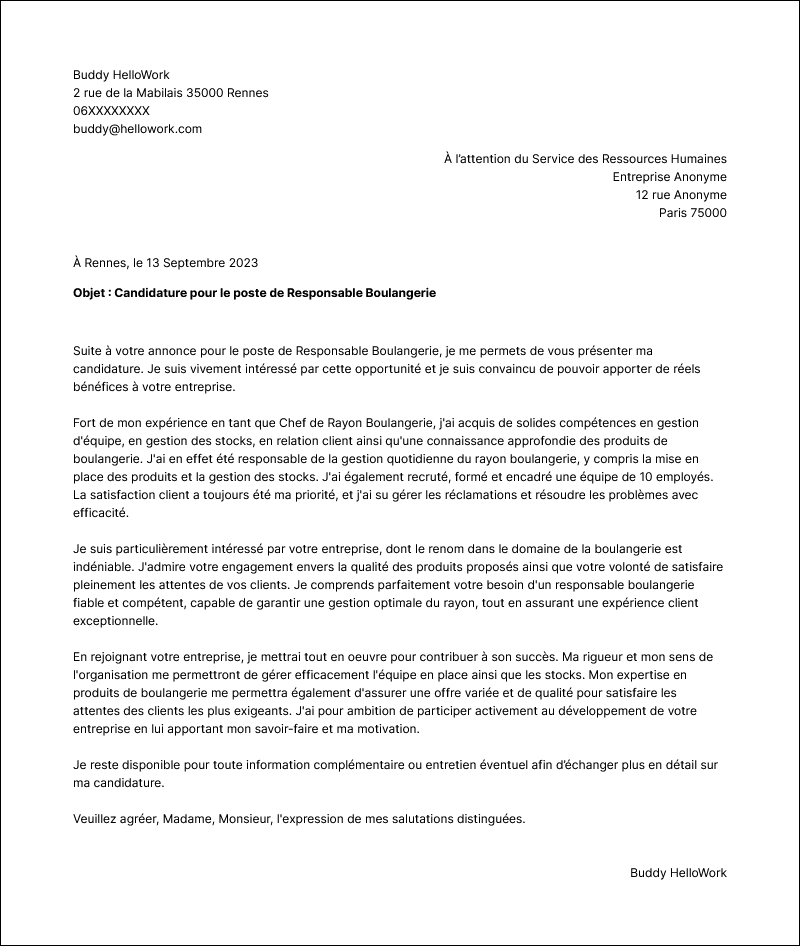 Exemple lettre de motivation Responsable boulangerie