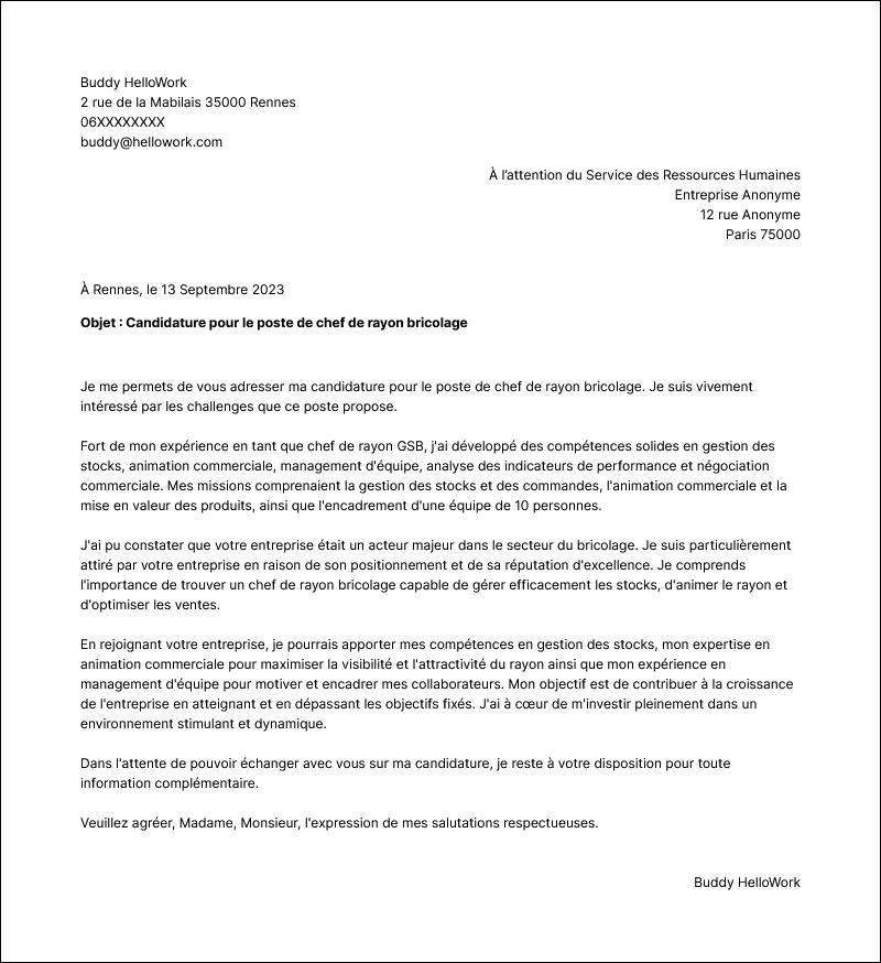 Modèle lettre de motivation Chef de rayon bricolage Exemple lettre de motivation Chef de rayon bricolage