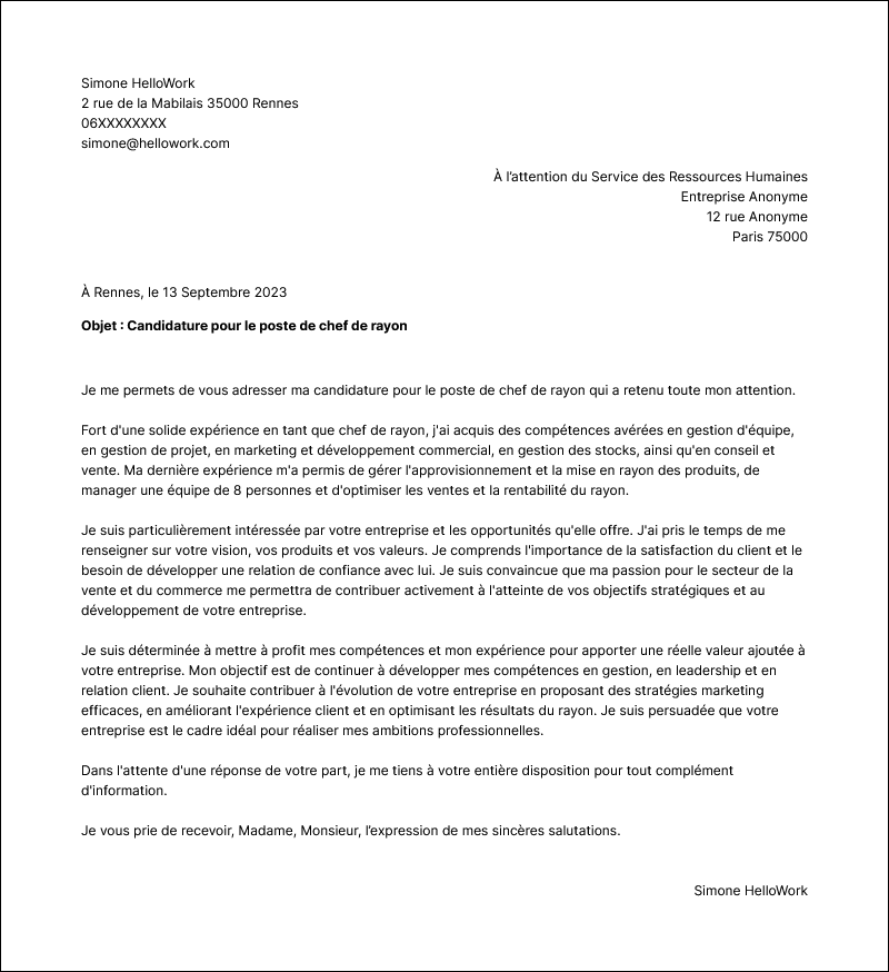 Modèle lettre de motivation Chef de rayon Exemple lettre de motivation Chef de rayon