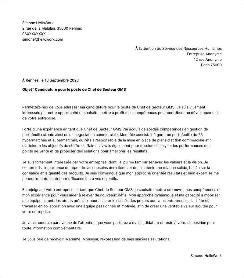 Modèle lettre de motivation Chef de secteur GMS Exemple lettre de motivation Chef de secteur GMS