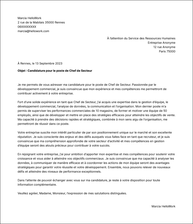Modèle lettre de motivation Chef de secteur Exemple lettre de motivation Chef de secteur