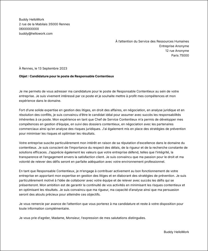Modèle lettre de motivation Responsable contentieux Exemple lettre de motivation Responsable contentieux