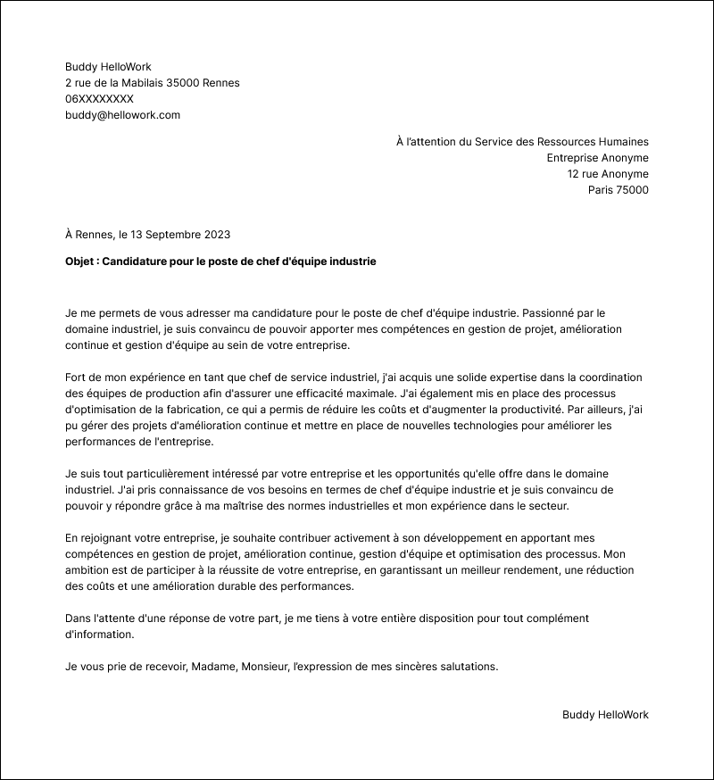 Modèle lettre de motivation Chef d'équipe en industrie Exemple lettre de motivation Chef d'équipe en industrie