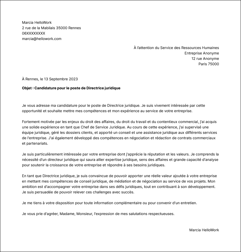Modèle lettre de motivation Chef de service juridique Exemple lettre de motivation Chef de service juridique