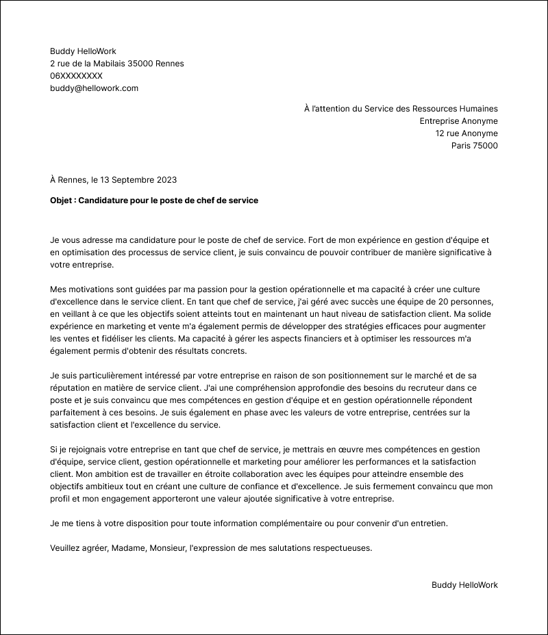 Modèle lettre de motivation Chef de service Exemple lettre de motivation Chef de service