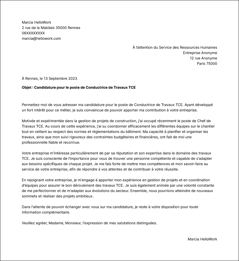 Modèle lettre de motivation Conducteur de travaux TCE Exemple lettre de motivation Conducteur de travaux TCE