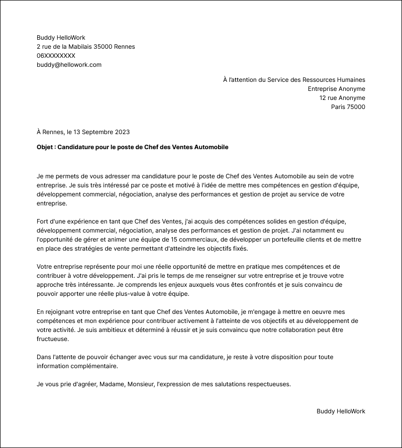 Modèle lettre de motivation Chef de ventes automobile Exemple lettre de motivation Chef de ventes automobile