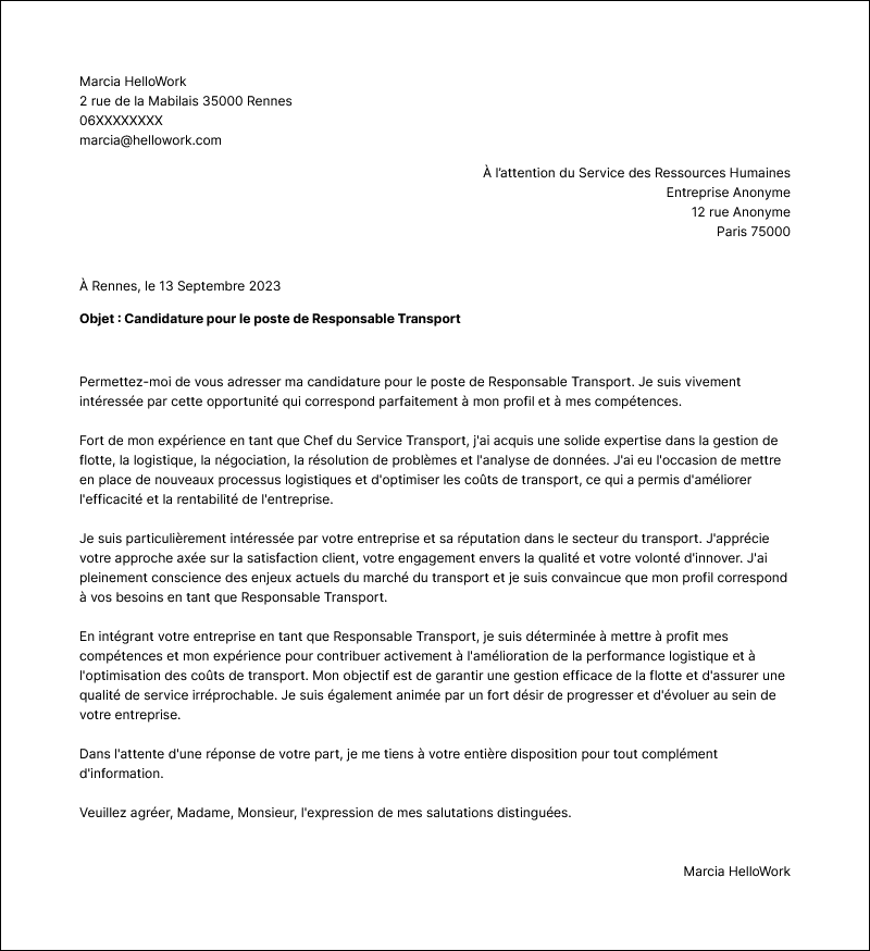 Modèle lettre de motivation Responsable transport Exemple lettre de motivation Responsable transport