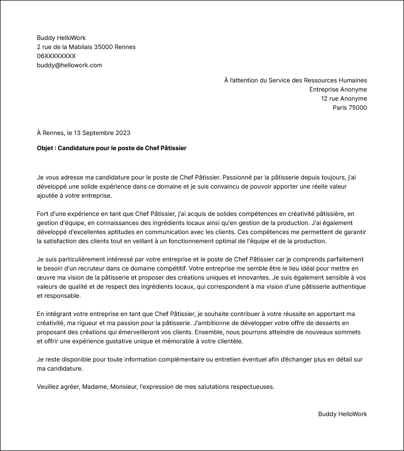 Modèle lettre de motivation Chef pâtissier Exemple lettre de motivation Chef pâtissier