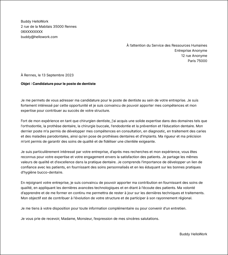 Modèle lettre de motivation Dentiste Exemple lettre de motivation Dentiste