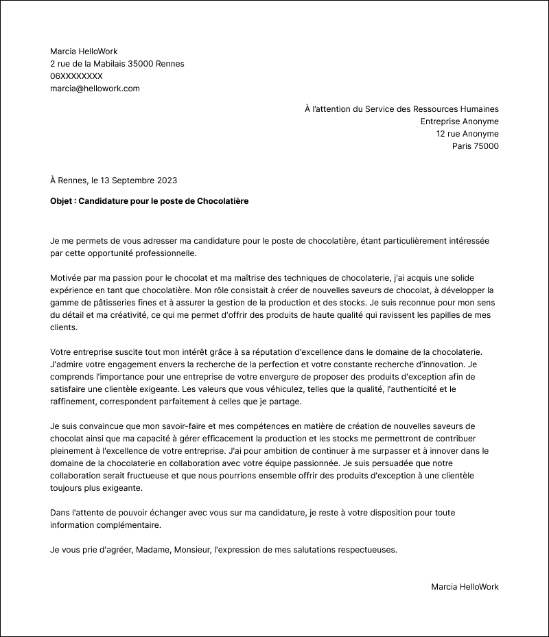 Modèle lettre de motivation Chocolatier Exemple lettre de motivation Chocolatier