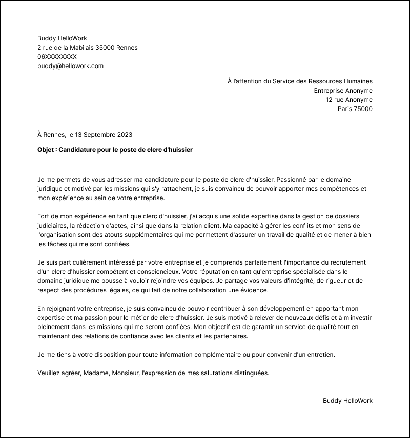 Modèle lettre de motivation Clerc d'huissier Exemple lettre de motivation Clerc d'huissier