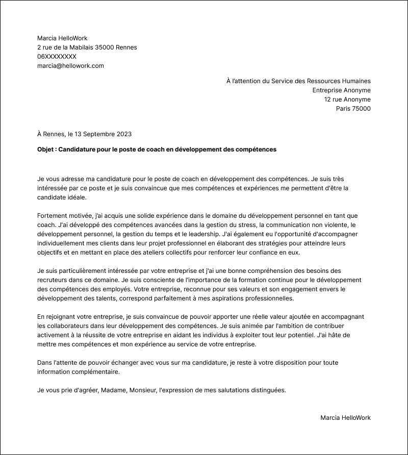 Exemple lettre de motivation Coach en développement des compétences