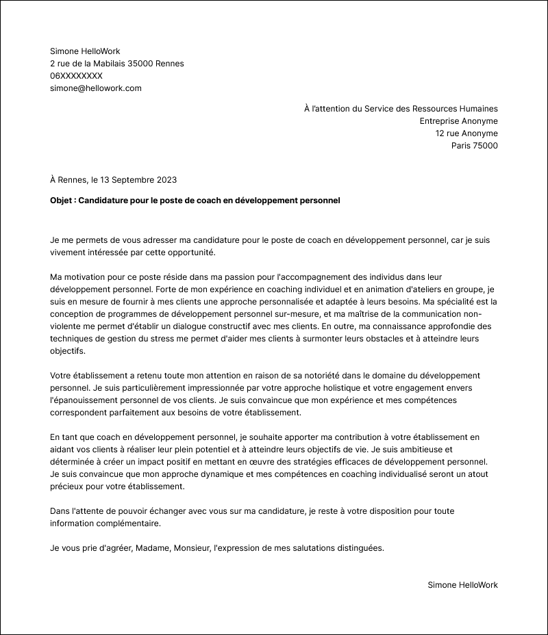 Modèle lettre de motivation Coach en développement personnel Exemple lettre de motivation Coach en développement personnel