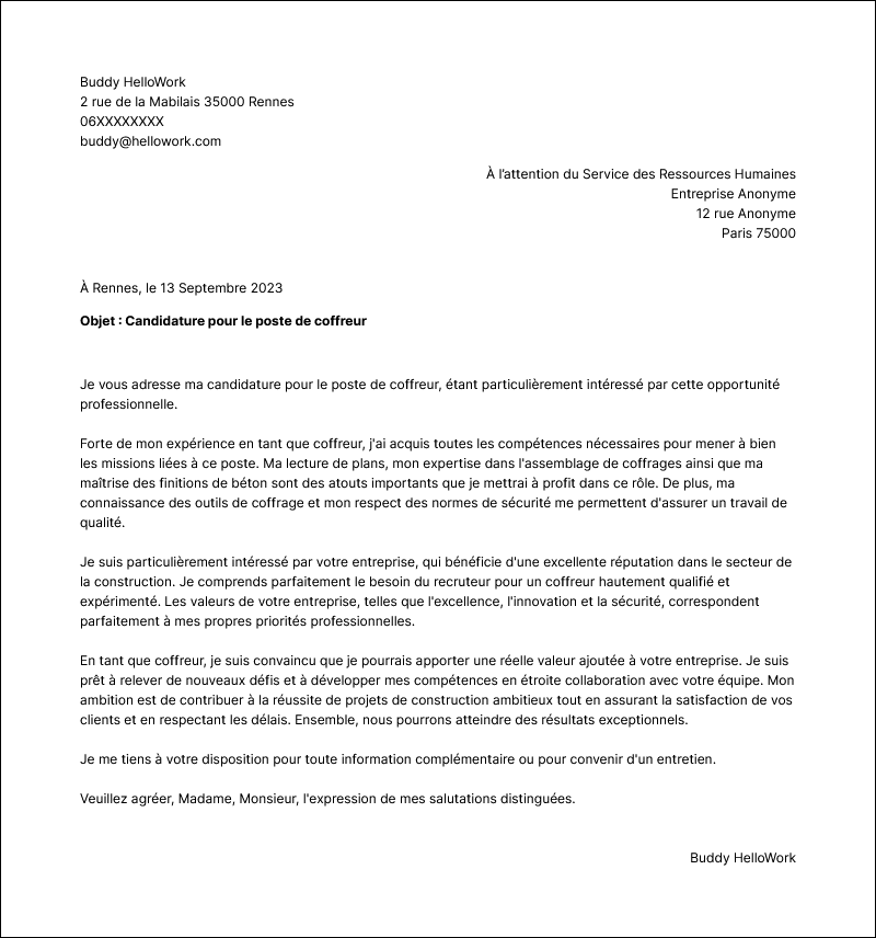 Modèle lettre de motivation Coffreur bancheur Exemple lettre de motivation Coffreur bancheur