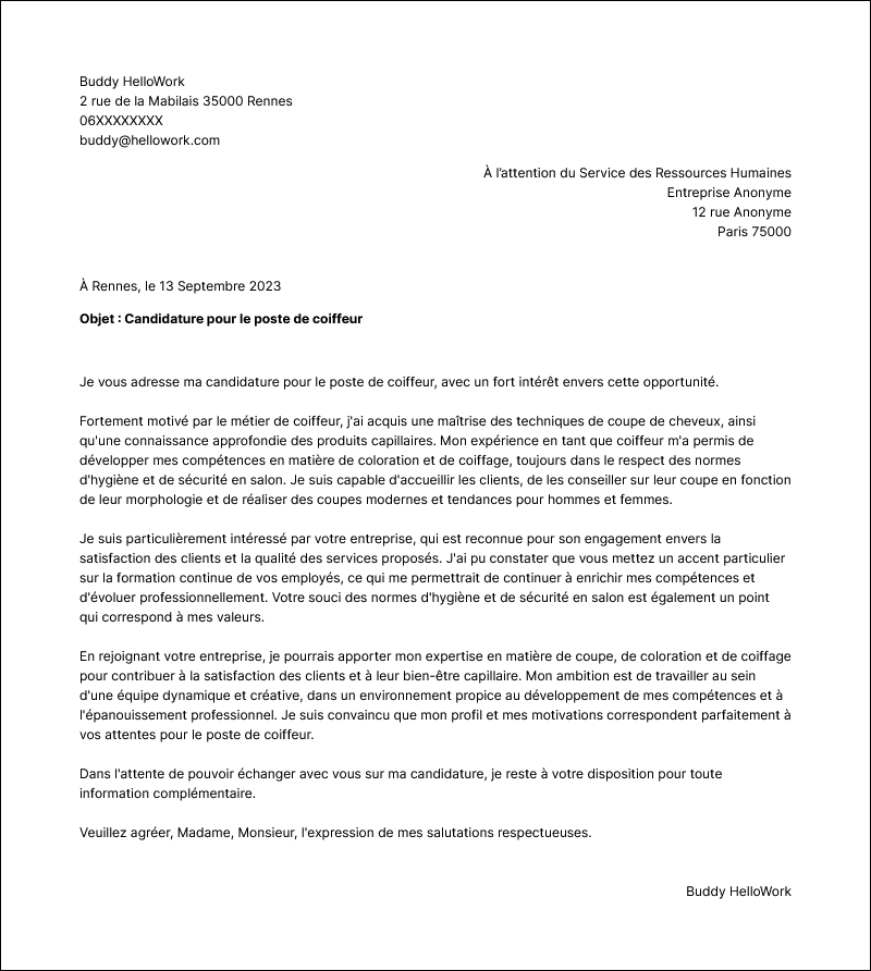 Modèle lettre de motivation Coiffeuse Exemple lettre de motivation Coiffeuse