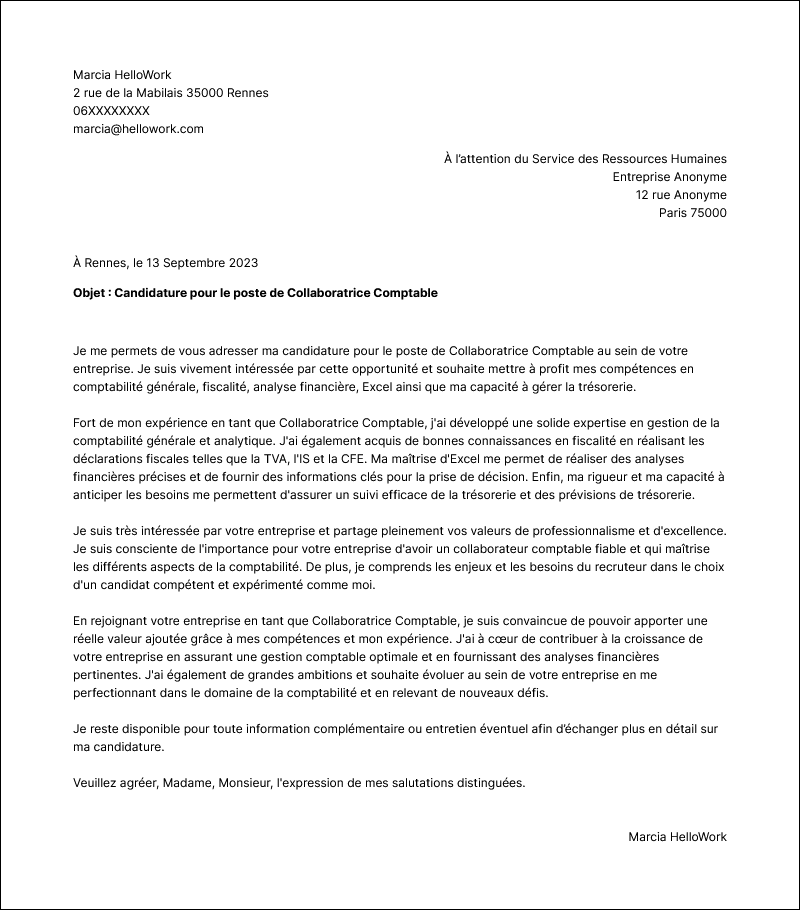 Modèle lettre de motivation Collaborateur comptable Exemple lettre de motivation Collaborateur comptable