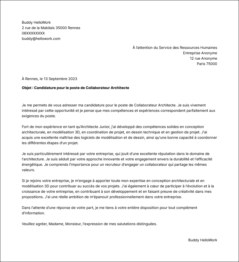 Modèle lettre de motivation Collaborateur architecte Exemple lettre de motivation Collaborateur architecte