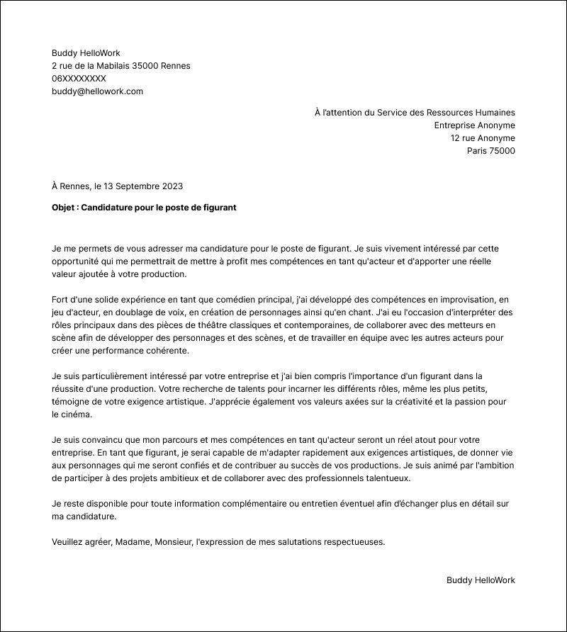 Modèle lettre de motivation Comédien Exemple lettre de motivation Comédien