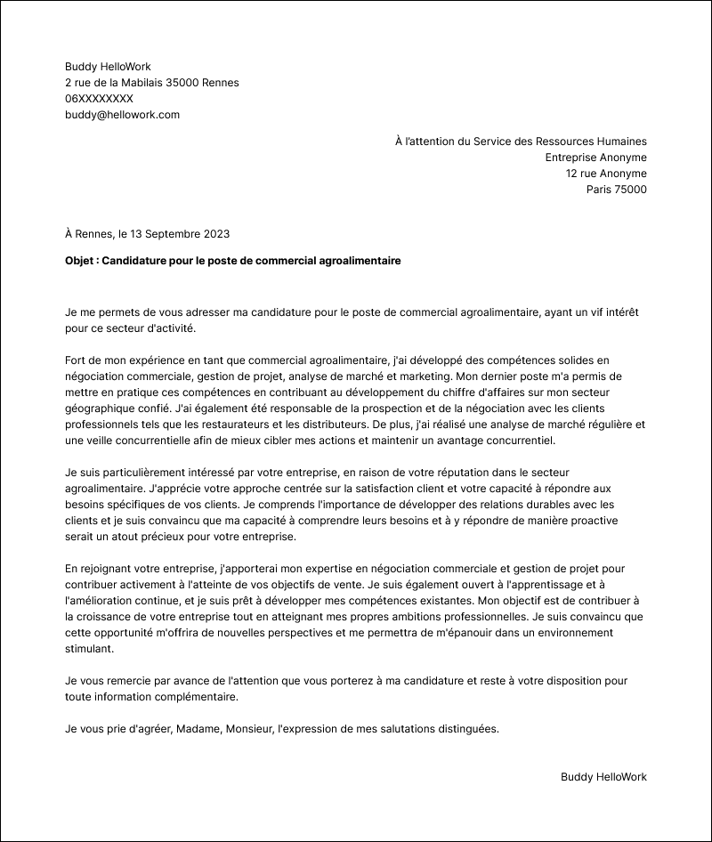 Modèle lettre de motivation Commercial agroalimentaire Exemple lettre de motivation Commercial agroalimentaire