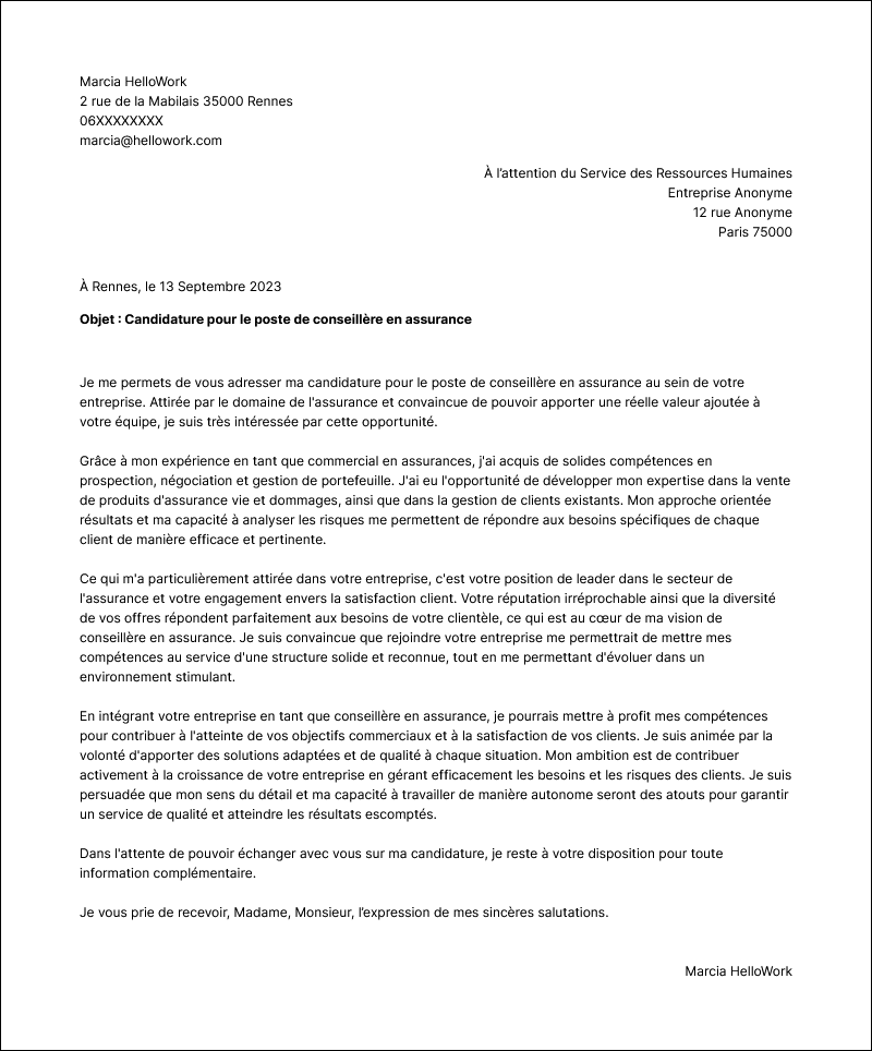 Modèle lettre de motivation Conseiller en assurance Exemple lettre de motivation Conseiller en assurance