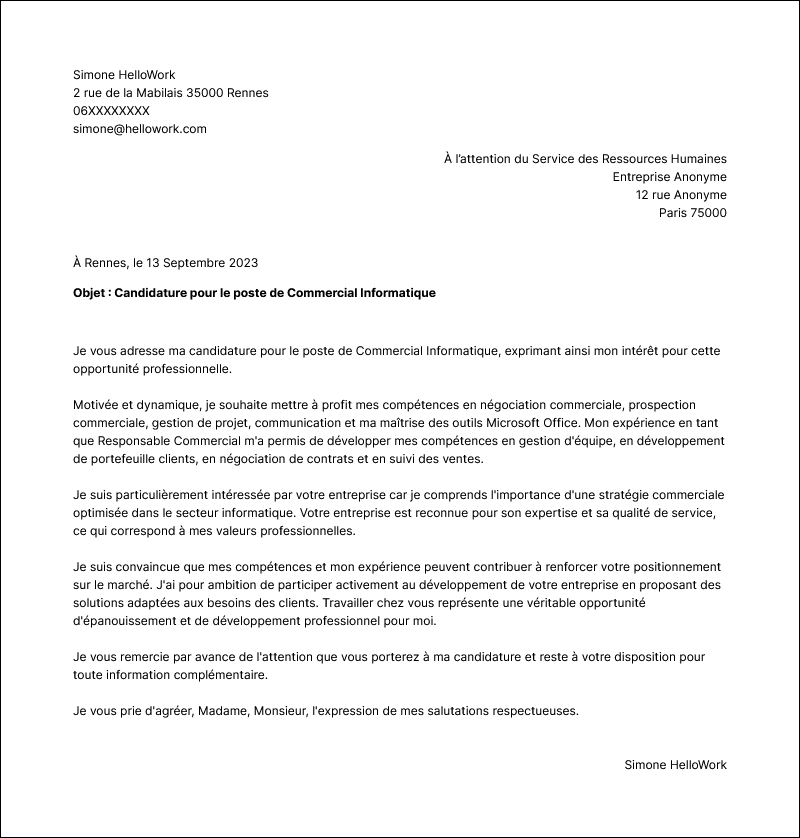 Modèle lettre de motivation Commercial informatique Exemple lettre de motivation Commercial informatique