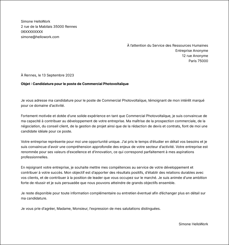Modèle lettre de motivation Commercial photovoltaïque Exemple lettre de motivation Commercial photovoltaïque