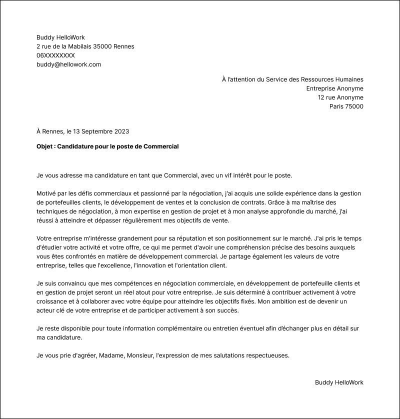 Modèle lettre de motivation Commercial Exemple lettre de motivation Commercial