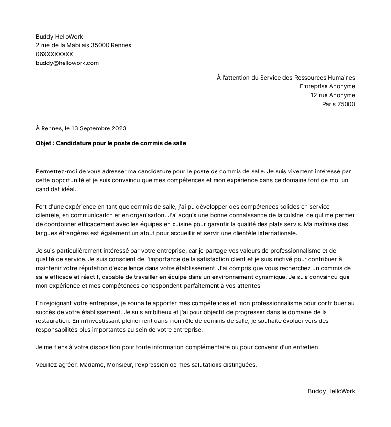 Modèle lettre de motivation Commis de salle Exemple lettre de motivation Commis de salle