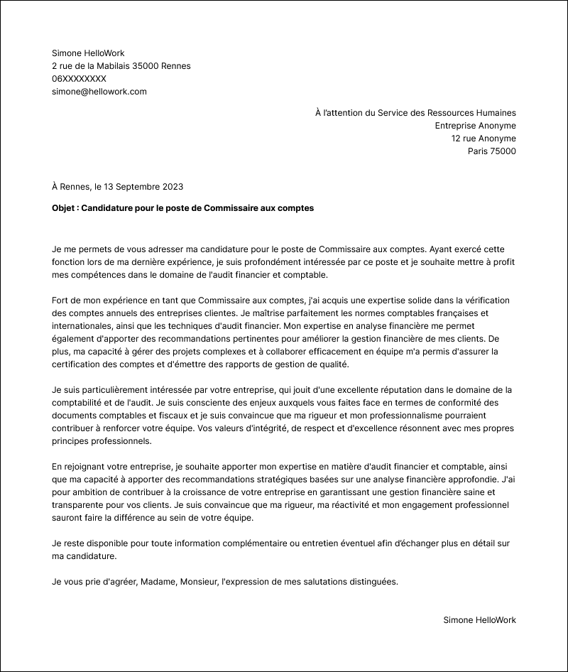 Modèle lettre de motivation Commissaire aux comptes Exemple lettre de motivation Commissaire aux comptes