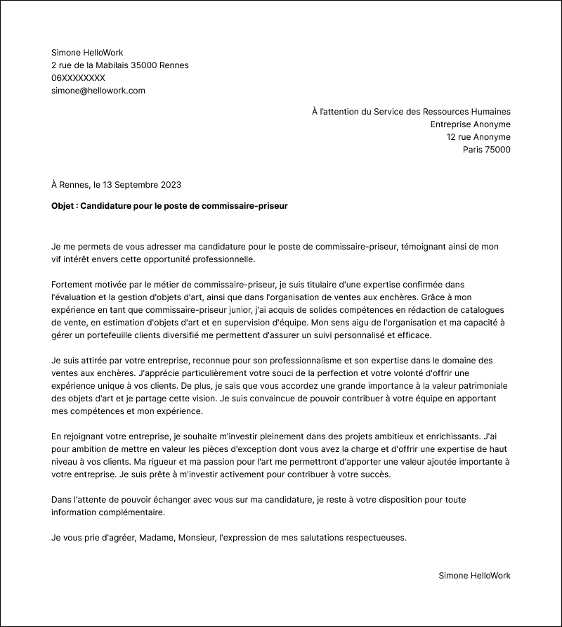 Modèle lettre de motivation Commissaire priseur Exemple lettre de motivation Commissaire priseur