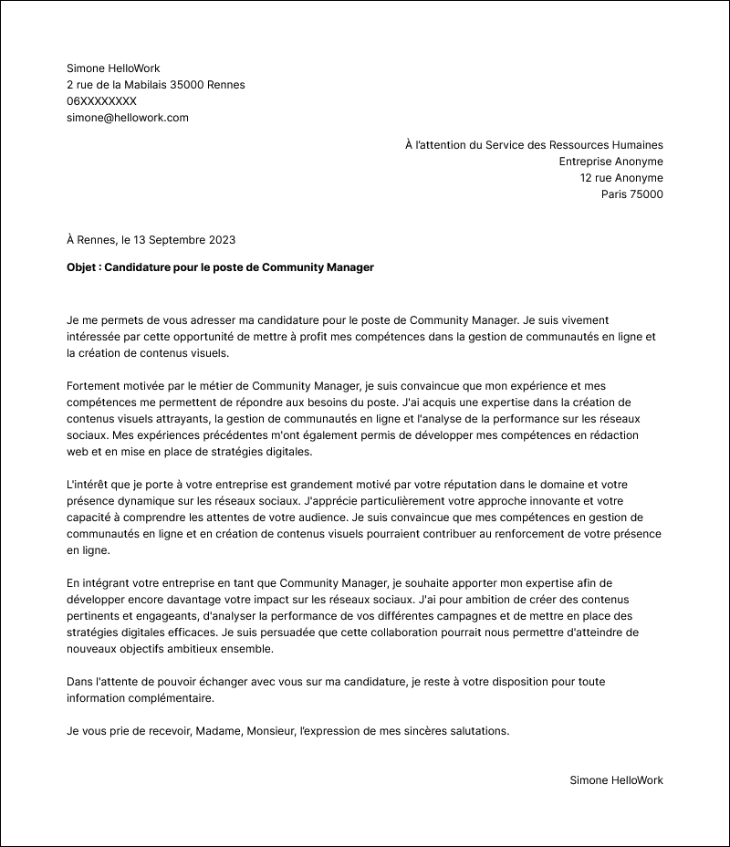 Modèle lettre de motivation Community manager Exemple lettre de motivation Community manager