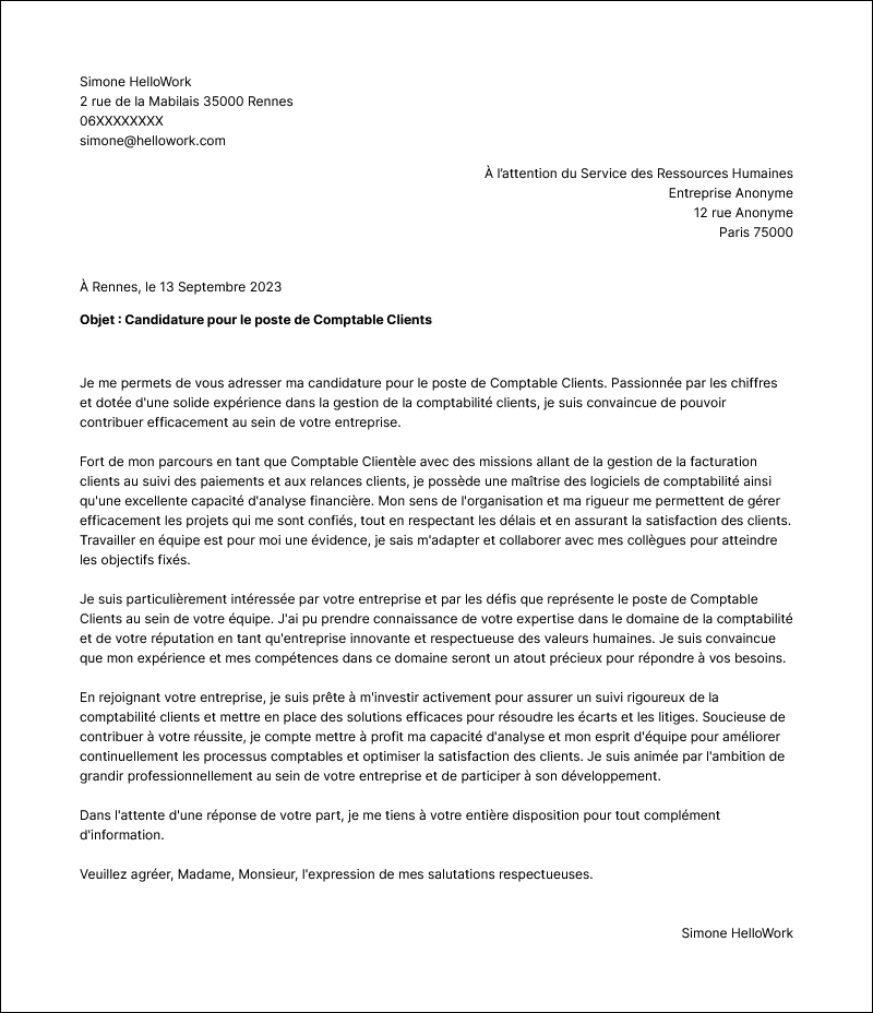 Modèle lettre de motivation Comptable client Exemple lettre de motivation Comptable client