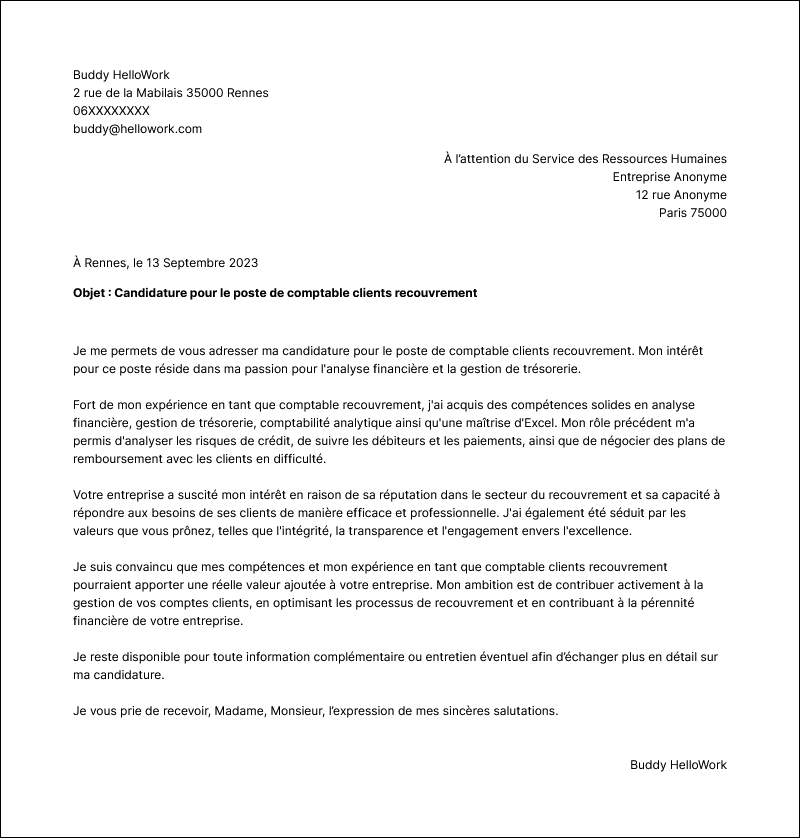 Modèle lettre de motivation Comptable clients recouvrement Exemple lettre de motivation Comptable clients recouvrement