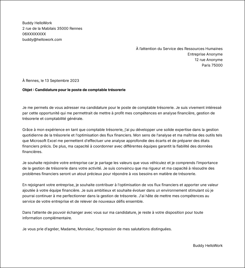 Modèle lettre de motivation Comptable trésorerie Exemple lettre de motivation Comptable trésorerie
