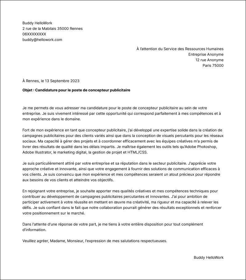 Modèle lettre de motivation Concepteur publicitaire Exemple lettre de motivation Concepteur publicitaire