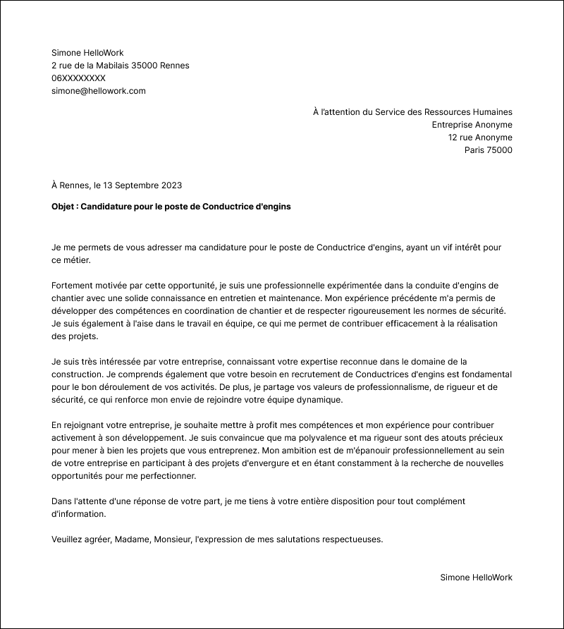 Modèle lettre de motivation Conducteur d'engins de chantier Exemple lettre de motivation Conducteur d'engins de chantier