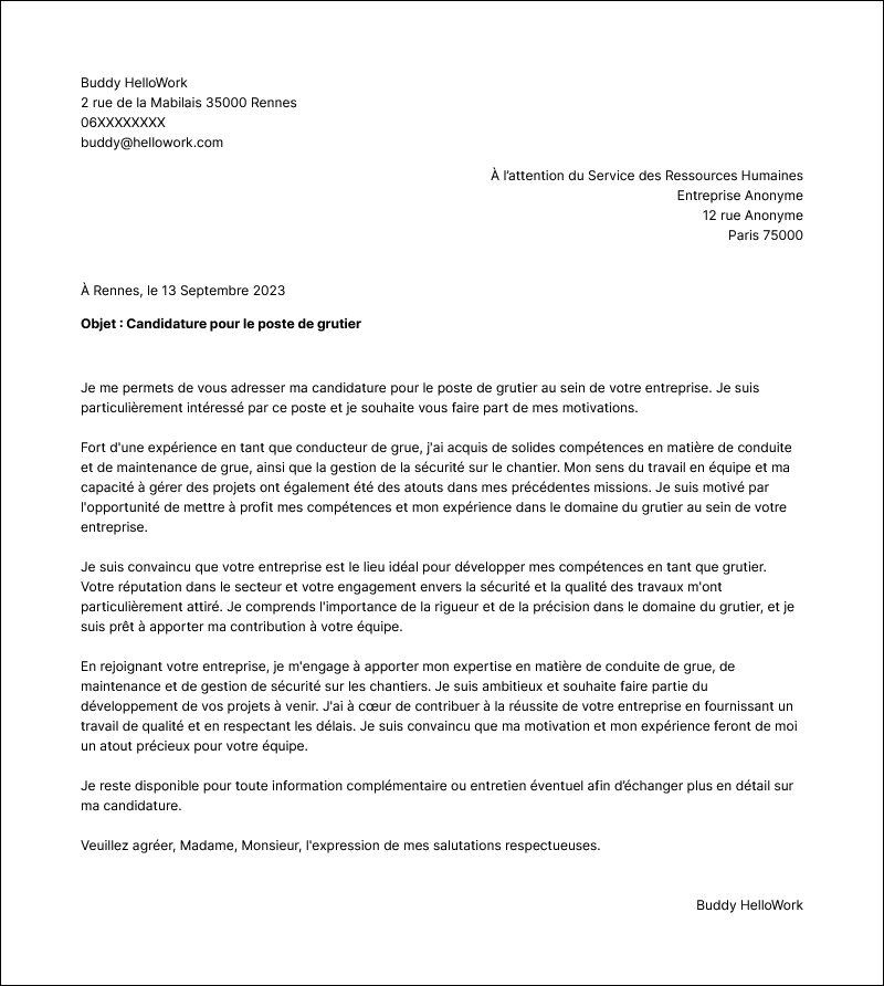 Modèle lettre de motivation Conducteur de grue Exemple lettre de motivation Conducteur de grue
