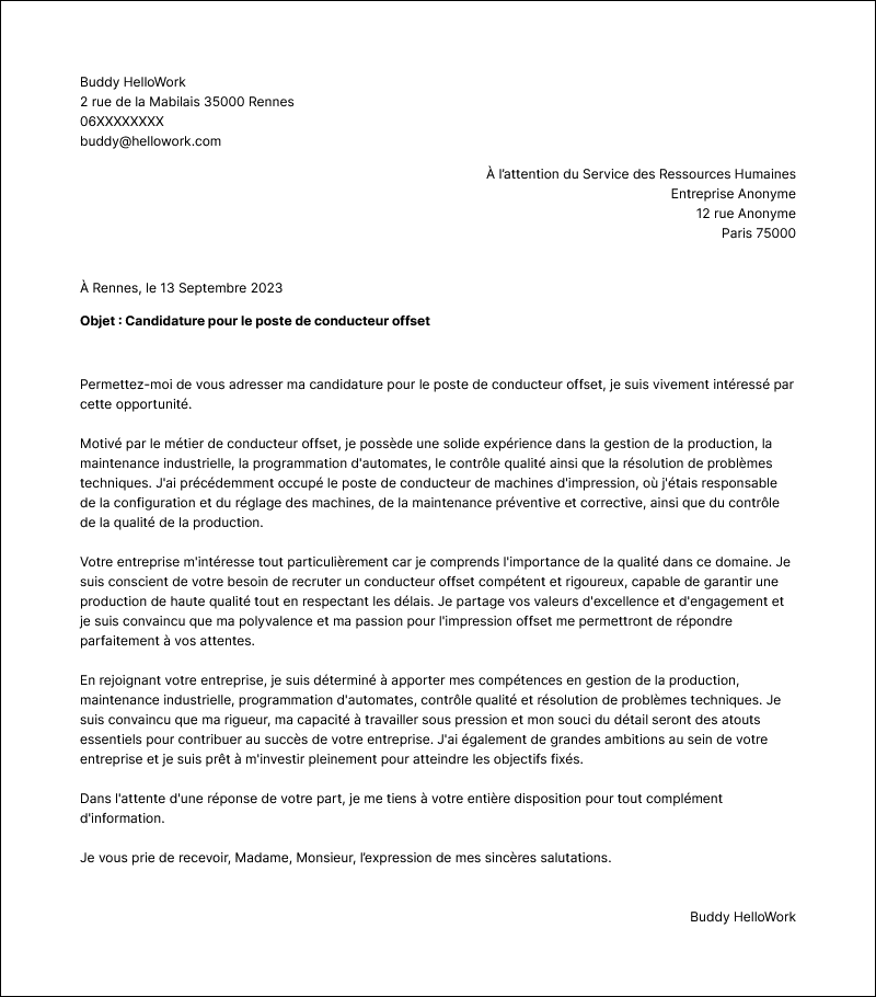Modèle lettre de motivation Conducteur offset Exemple lettre de motivation Conducteur offset