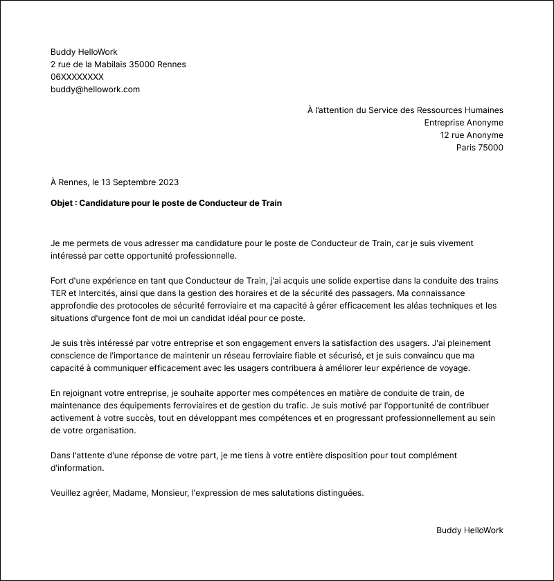 Modèle lettre de motivation Conducteur de train Exemple lettre de motivation Conducteur de train