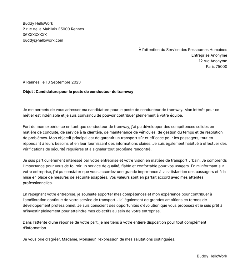 Modèle lettre de motivation Conducteur de tramway Exemple lettre de motivation Conducteur de tramway