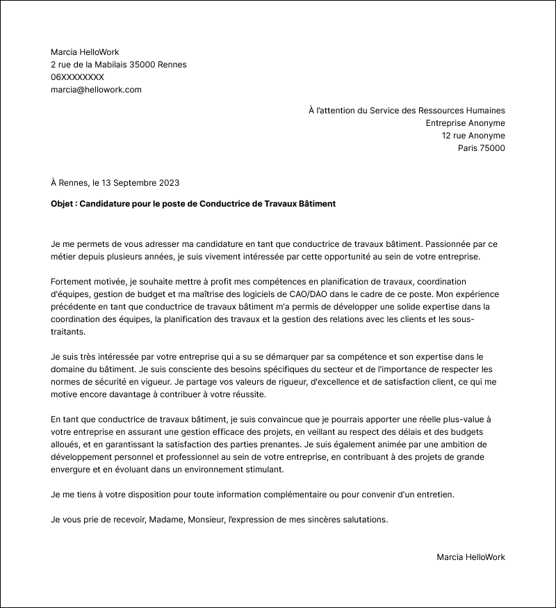 Modèle lettre de motivation Conducteur de travaux bâtiment Exemple lettre de motivation Conducteur de travaux bâtiment