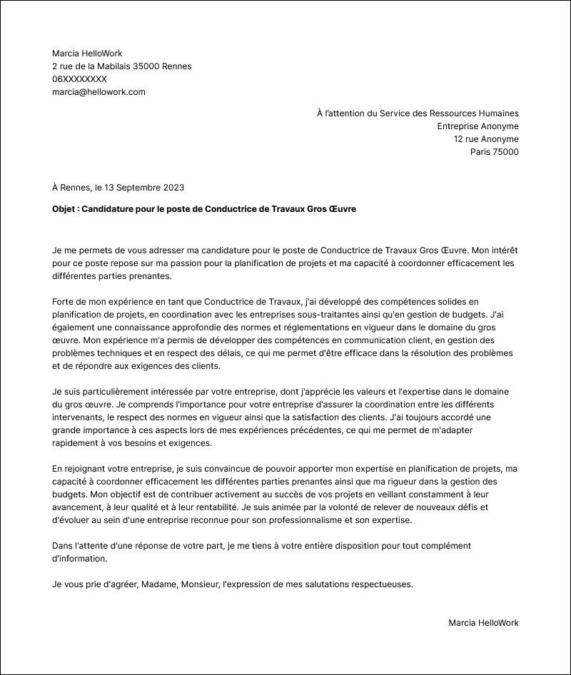 Modèle lettre de motivation Conducteur de travaux gros oeuvre Exemple lettre de motivation Conducteur de travaux gros oeuvre